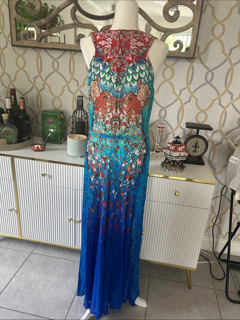 GOTTEX Silk Blue Multicolor Maxi cover up/dress with Floral & Feather Motif - Picture 5 of 12